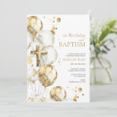 Gouden doop en 1e verjaardag uitnodiging, jongen,  kaart (Staand voorkant)