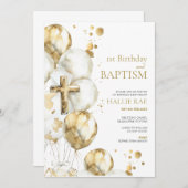 Gouden doop en 1e verjaardag uitnodiging, jongen,  kaart (Voorkant / Achterkant)