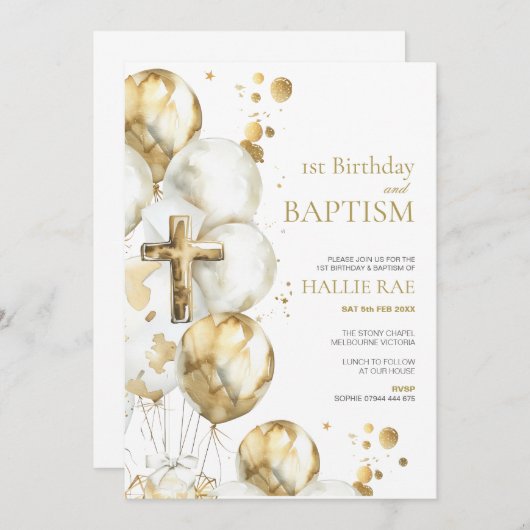 Gouden doop en 1e verjaardag uitnodiging, jongen,  kaart (Voorkant / Achterkant)