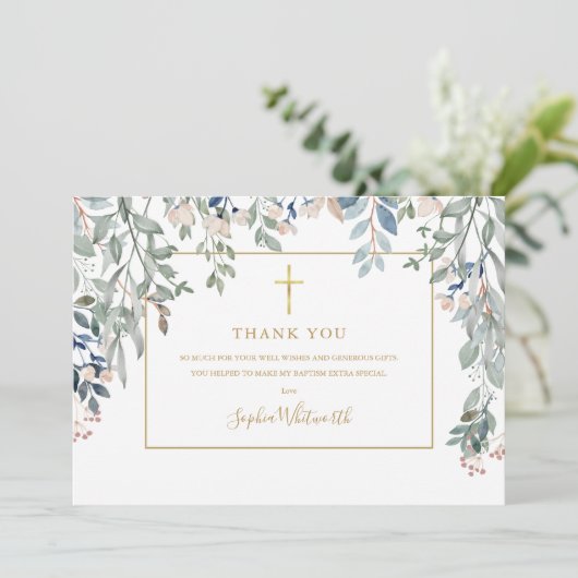 Gouden doop foto loofwerk goud bedankkaart (Staand voorkant)