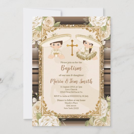 Gouden Doopfeest Bloem Dubbele Jongen en Meisje  Kaart (Voorkant)