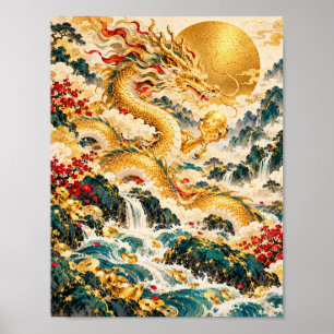 Gouden Draak Aziatisch Geïnspireerde Fantasie Kuns Poster