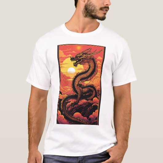 Gouden draak bij zonsopgang - Vaporwave Elegance T-shirt (Voorkant)