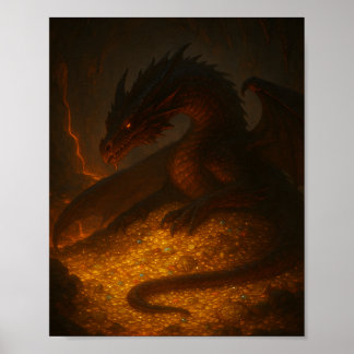 Gouden Draak die Schat Bewaakt Fantasy Poster