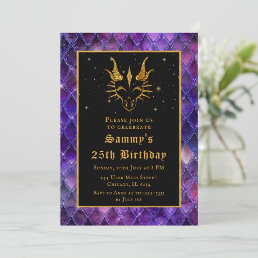 Gouden Draak met Paarse Weegschalen Verjaardagsfee Kaart (Staand voorkant)
