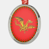 gouden draak met rode achtergrond metalen ornament (Links)