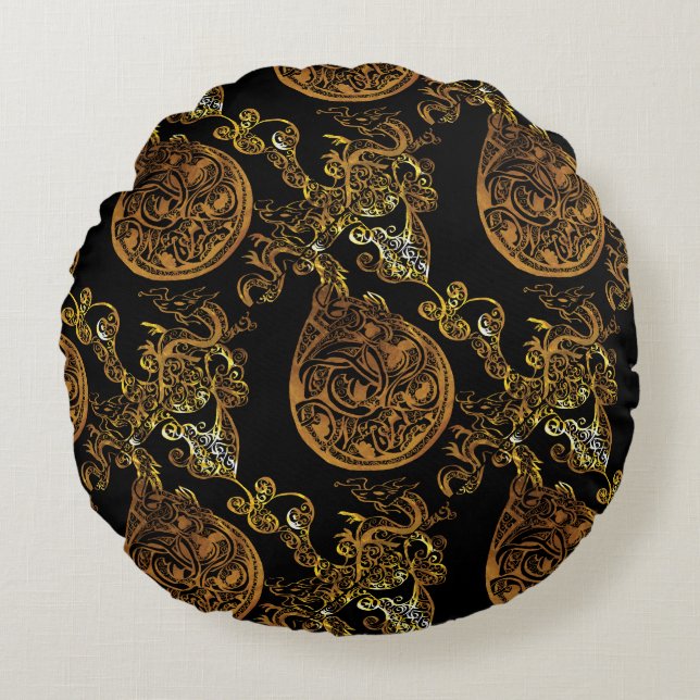 Gouden Draak Rond Kussen (Voorkant)