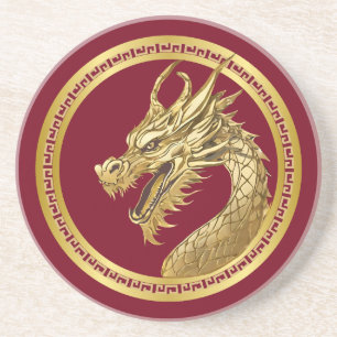 Gouden Draak-Rood en Goud-Chinees Nieuwjaar 2024- Zandsteen Onderzetter