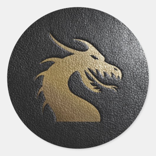 Gouden draak silhouet op zwart leer ronde sticker (Voorkant)