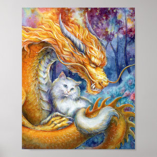 Gouden Draak & Witte Kat in Bos Watercolor Kunst Poster