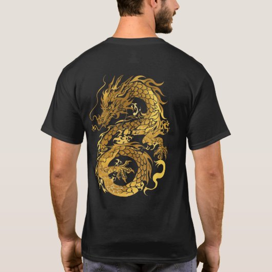 Gouden Dragon 龍 Zodiac Gift Chinees Japans 漢字 T-shirt (Achterkant)