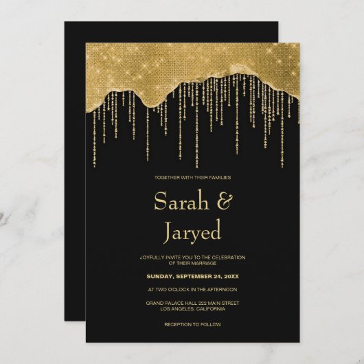 Gouden Drip Glitter Bruiloft Kaart (Voorkant / Achterkant)