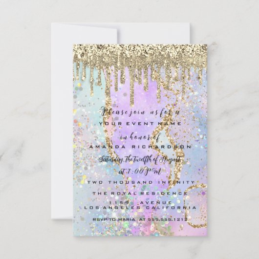 Gouden Drips Prinsessen Jurk Sweet 16th Holografis Kaart (Voorkant)