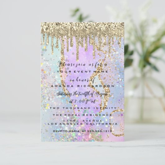 Gouden Drips Prinsessen Jurk Sweet 16th Holografis Kaart (Staand voorkant)