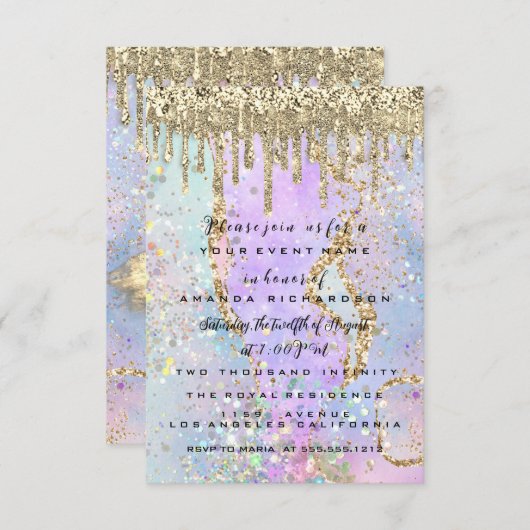 Gouden Drips Prinsessen Jurk Sweet 16th Holografis Kaart (Voorkant / Achterkant)