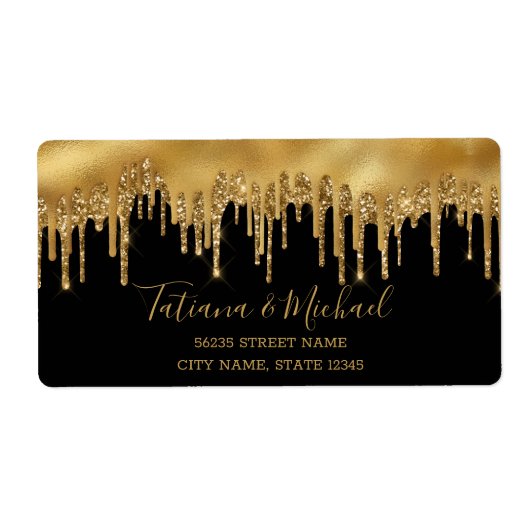 gouden druppelaar voor bruiloft zwarte achtergrond etiket (Voorkant)