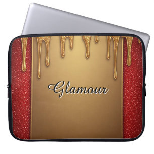 Gouden druppelende glitterframe op rode glinsteren laptop sleeve