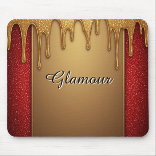 Gouden druppelende glitterframe op rode glinsteren muismat