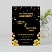 Gouden Dubbel Twee Kinderen Verjaardagsfeestvierin Folie Uitnodiging (Staand Voorkant)