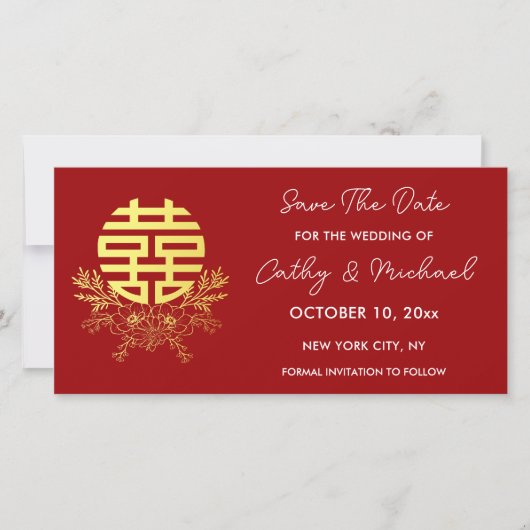 Gouden dubbele geluksbloemkrans bruiloft save the date (Voorkant)