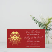 Gouden dubbele geluksbloemkrans bruiloft save the date (Staand voorkant)