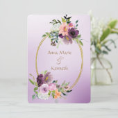 Gouden Dubbele Lijst Paarse Violet Bloemen Huwelij Kaart (Staand voorkant)