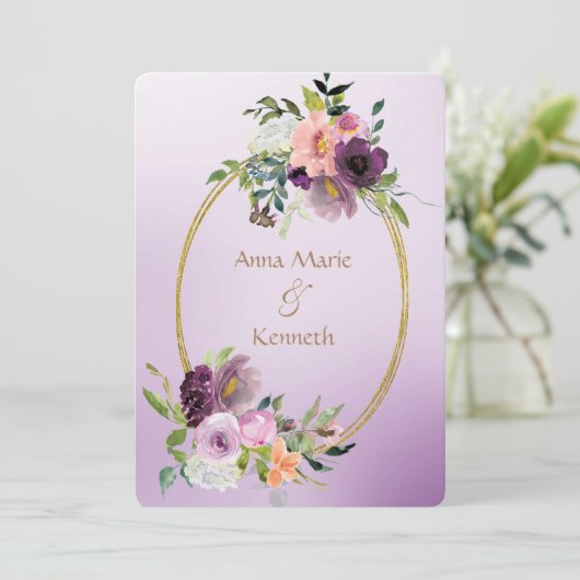 Gouden Dubbele Lijst Paarse Violet Bloemen Huwelij Kaart (Staand voorkant)