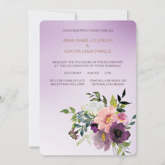 Gouden Dubbele Lijst Paarse Violet Bloemen Huwelij Kaart (Achterkant)