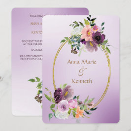 Gouden Dubbele Lijst Paarse Violet Bloemen Huwelij Kaart