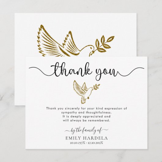 Gouden Duif Rouwkaart Eenvoudige Script Bedankkaar Briefkaart (Voorkant / Achterkant)