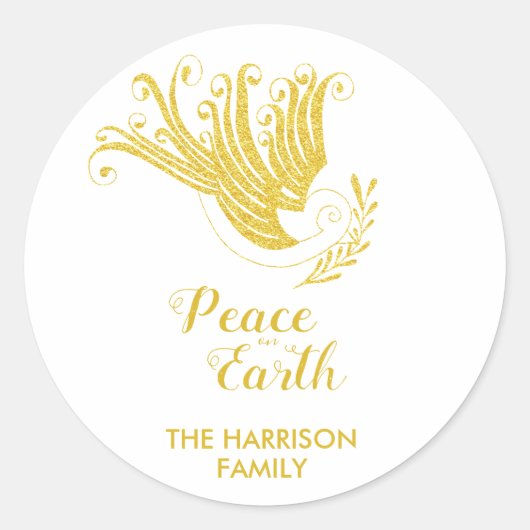 Gouden Duif Vrede op Aarde Kerstmis Ronde Sticker (Voorkant)
