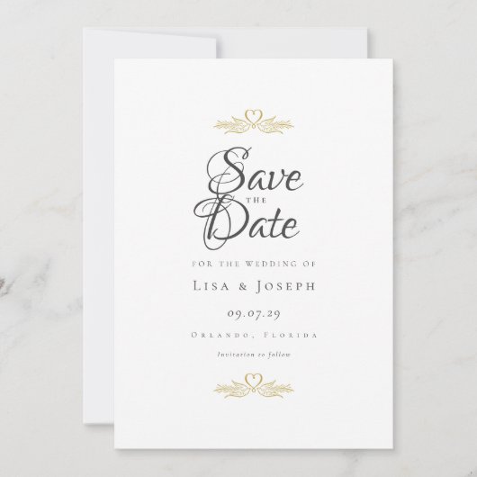 Gouden Duiven en Hart Elegant Schrift Save The Date (Voorkant)