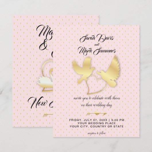 Gouden Duiven en Zwanen, een Gouden Hart Huwelijk Kaart (Voorkant / Achterkant)