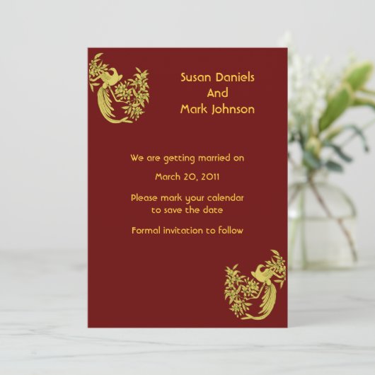 Gouden duiven op Bourgondische bruiloft Save the D Kaart (Staand voorkant)