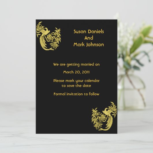 Gouden Duiven Op Zwarte Huwelijk Save The Date (Staand voorkant)