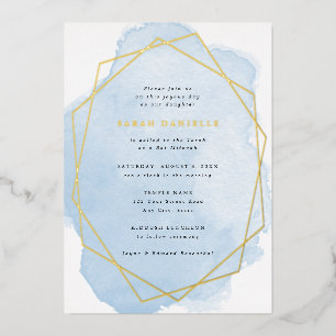 Gouden echte folie lijst-Blauw aquarel Bat Mitzvah Uitnodiging