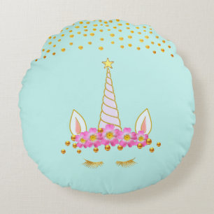 Gouden Eenhoorn, Bloemen & Gouden Confetti op Teal Rond Kussen