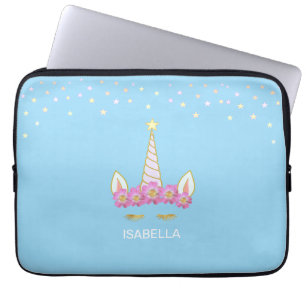 Gouden eenhoorn, bloemen & sterren op lichtblauw laptop sleeve