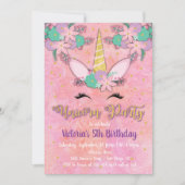 Gouden Eenhoorn Bloemen Verjaardagsfeest Uitnodigi Kaart (Voorkant)