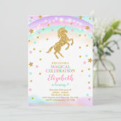 Gouden Eenhoorn uitnodiging met Glitter Stars (Staand voorkant)