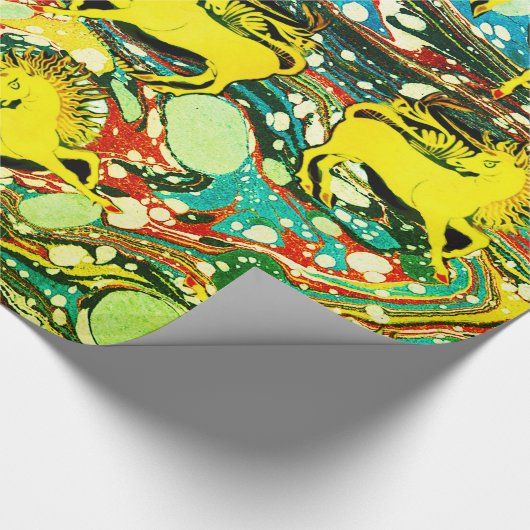 GOUDEN EENHOORNS, BLAUW GROEN GEMARMERDE EFFECTEN, CADEAUPAPIER (Hoek)