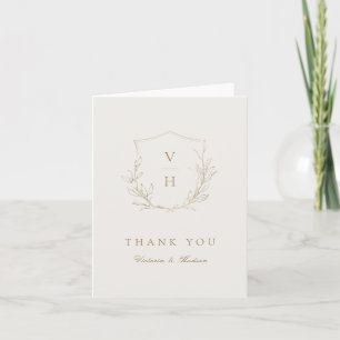 Gouden eenvoudige botanische kuif monogram trouw b bedankkaart