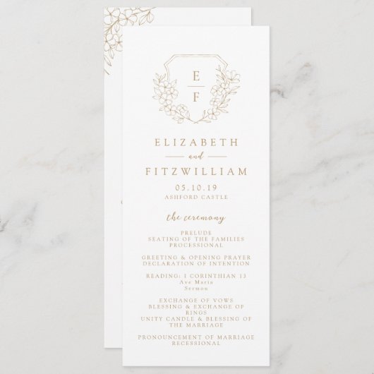 Gouden Eenvoudige Elegante Kersenbloesem Monogram  Programmakaart (Voorkant / Achterkant)