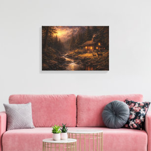 "Gouden Eenzaamheid: Berghut in Impasto-Stijl Canvas Afdruk