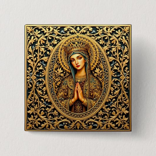 Gouden eerbied Maagd Maria Vierkante Button 5,1 Cm (Voorkant)