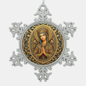 Gouden Eerbiedige Maagd Maria Tin Sneeuwvlok Ornament (Voorkant)