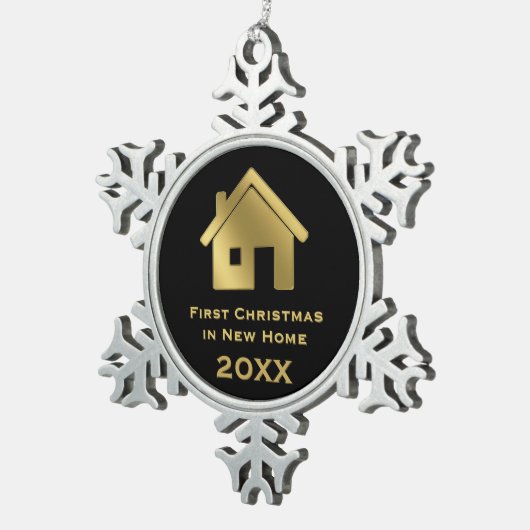 Gouden Eerste Kerstmis in New Home 20XX Tin Sneeuwvlok Ornament (Rechts)