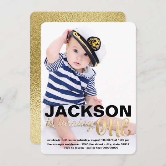 Gouden eerste verjaardag uitnodiging (Voorkant / Achterkant)