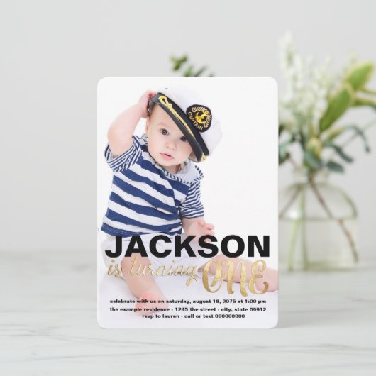 Gouden eerste verjaardag uitnodiging (Staand voorkant)