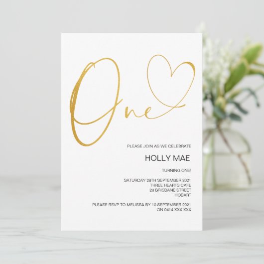 Gouden Eerste Verjaardag Uitnodiging 1e Verjaardag (Staand voorkant)